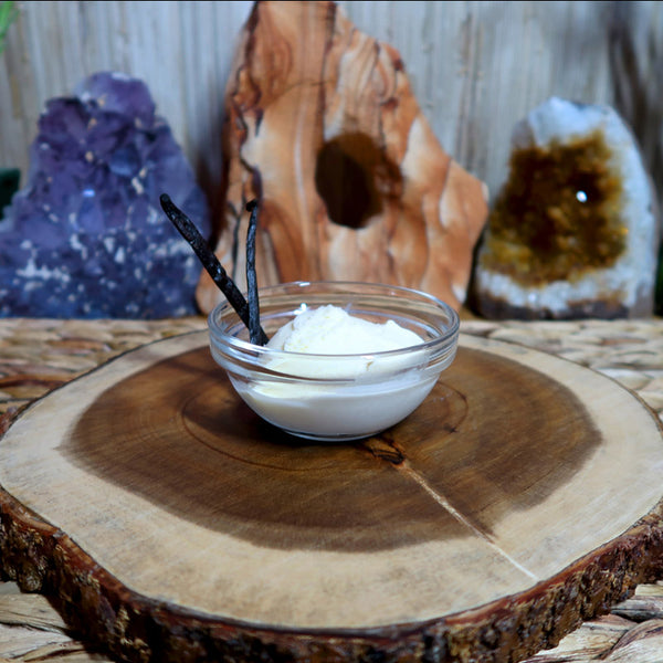 A bowl of vanilla ice crean with two vanilla beans and colored rocks in the background