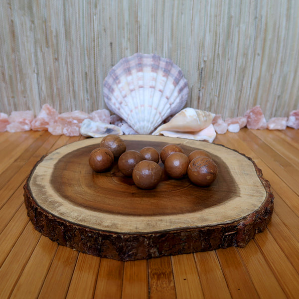 Whole macadamia nuts on a round wooden base