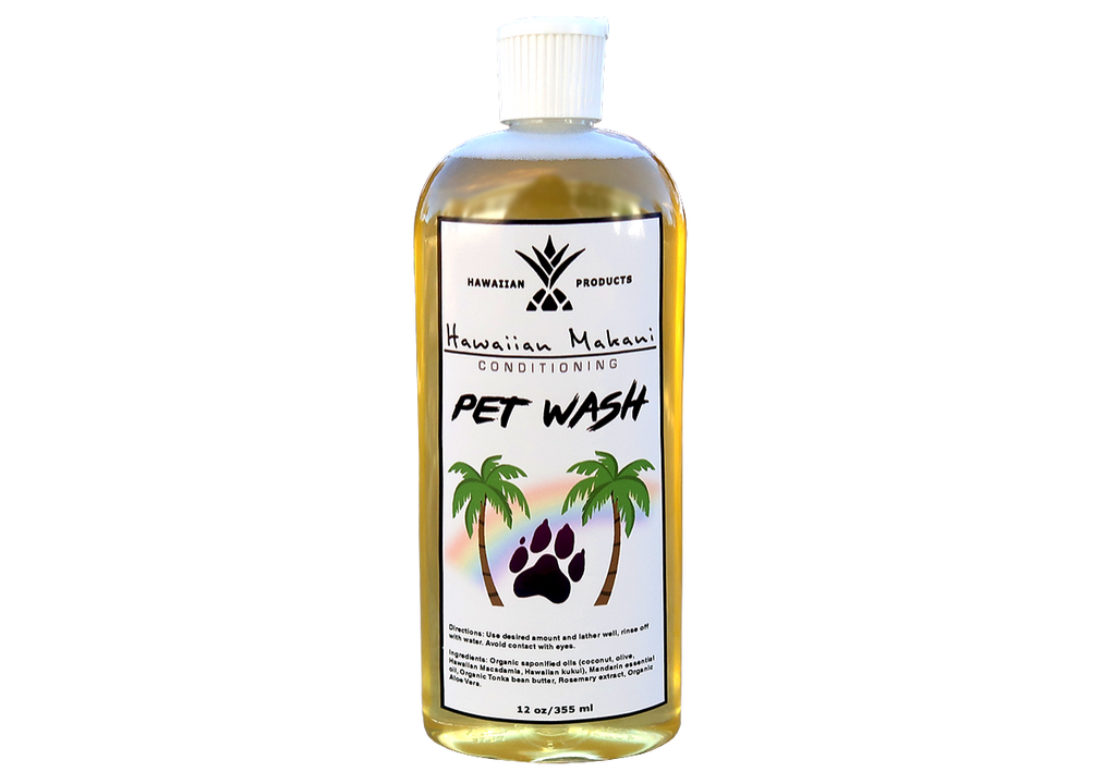 A single bottle of Makani pet wash with label and size