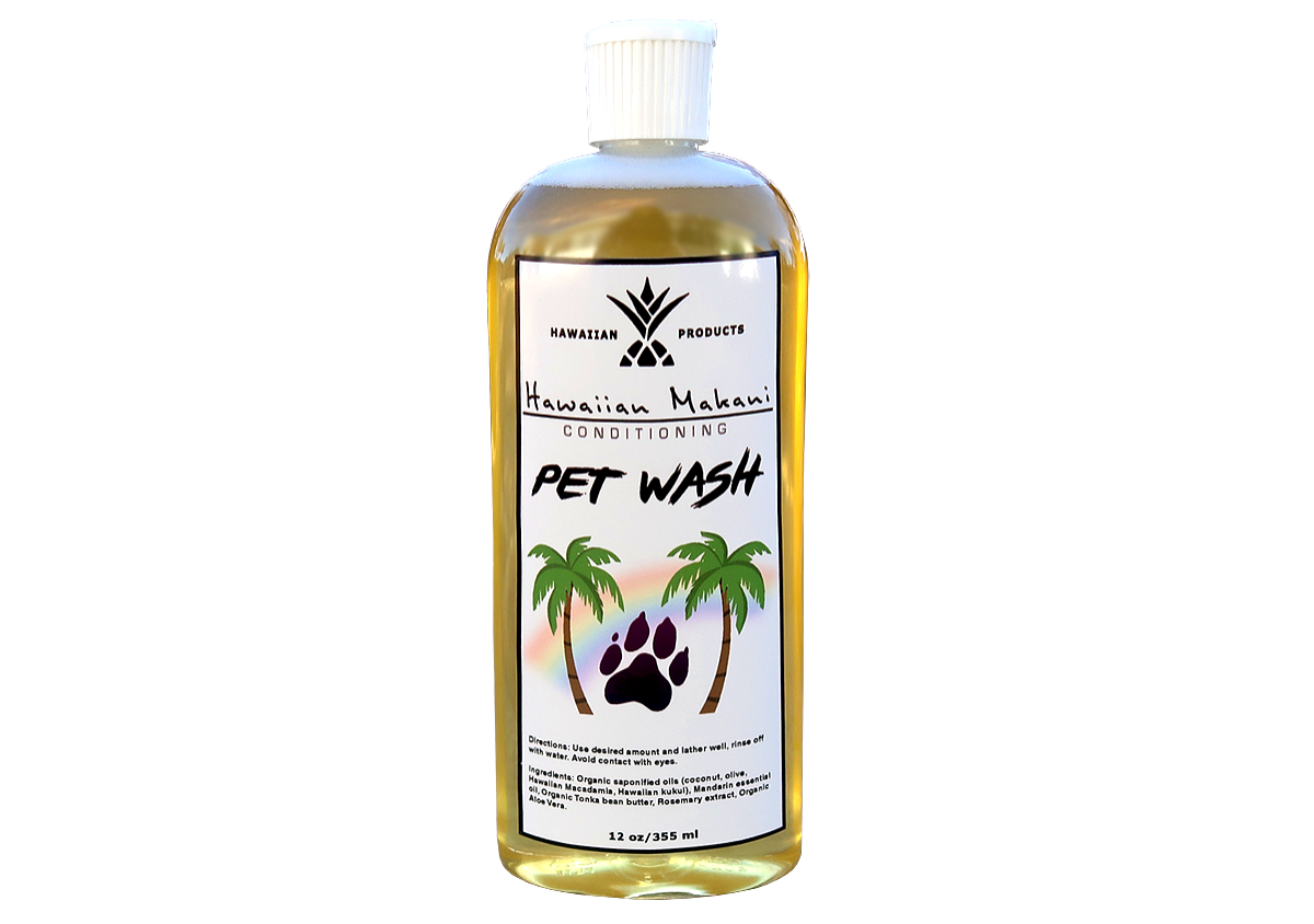 A single bottle of Makani pet wash with label and size